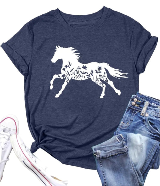 Horse Shirts for Women Horse Lover Tshirt Horse Riding Tee Shirt Floral Horses Animal Gift Short Sleeve Tops Cyan